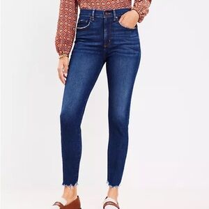 Women's Loft Outlet Chewed Frayed Hem High Rise Skinny Jeans Vintage Dark Wash